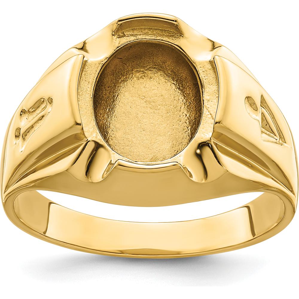 14K Yellow Gold Men's Polished and Grooved Masonic Ring Mounting for 12x10mm Oval Gemstone by Monteluci Fine Jewelry