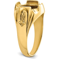 14K Yellow Gold Men's Polished and Grooved Masonic Ring Mounting for 12x10mm Oval Gemstone by Monteluci Fine Jewelry
