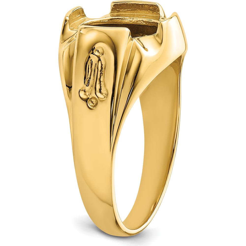 14K Yellow Gold Men's Polished and Grooved Masonic Ring Mounting for 12x10mm Oval Gemstone by Monteluci Fine Jewelry