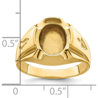 14K Yellow Gold Men's Polished and Grooved Masonic Ring Mounting for 12x10mm Oval Gemstone by Monteluci Fine Jewelry