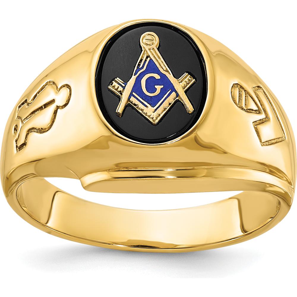 14K Yellow Gold Men's Polished and Grooved Masonic Ring with Oval Onyx Stone - 10x8mm by IBGoodman