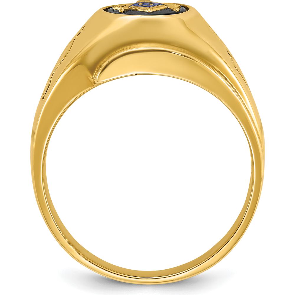 14K Yellow Gold Men's Polished and Grooved Masonic Ring with Oval Onyx Stone - 10x8mm by IBGoodman