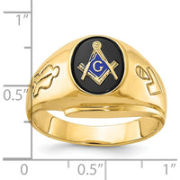 14K Yellow Gold Men's Polished and Grooved Masonic Ring with Oval Onyx Stone - 10x8mm by IBGoodman