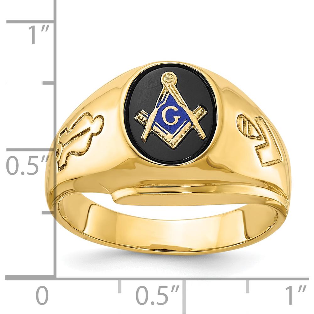 14K Yellow Gold Men's Polished and Grooved Masonic Ring with Oval Onyx Stone - 10x8mm by IBGoodman