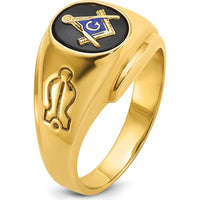 14K Yellow Gold Men's Polished and Grooved Masonic Ring with Oval Onyx Stone - 10x8mm by IBGoodman