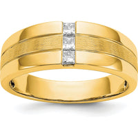 14K Yellow Gold Men's Polished and Satin Band Ring with 3 Square Cut Diamonds - 0.08 Carat Total Diamond Weight by 0