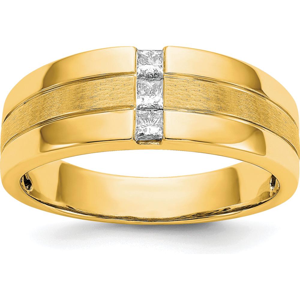 14K Yellow Gold Men's Polished and Satin Band Ring with 3 Square Cut Diamonds - 0.08 Carat Total Diamond Weight by 0