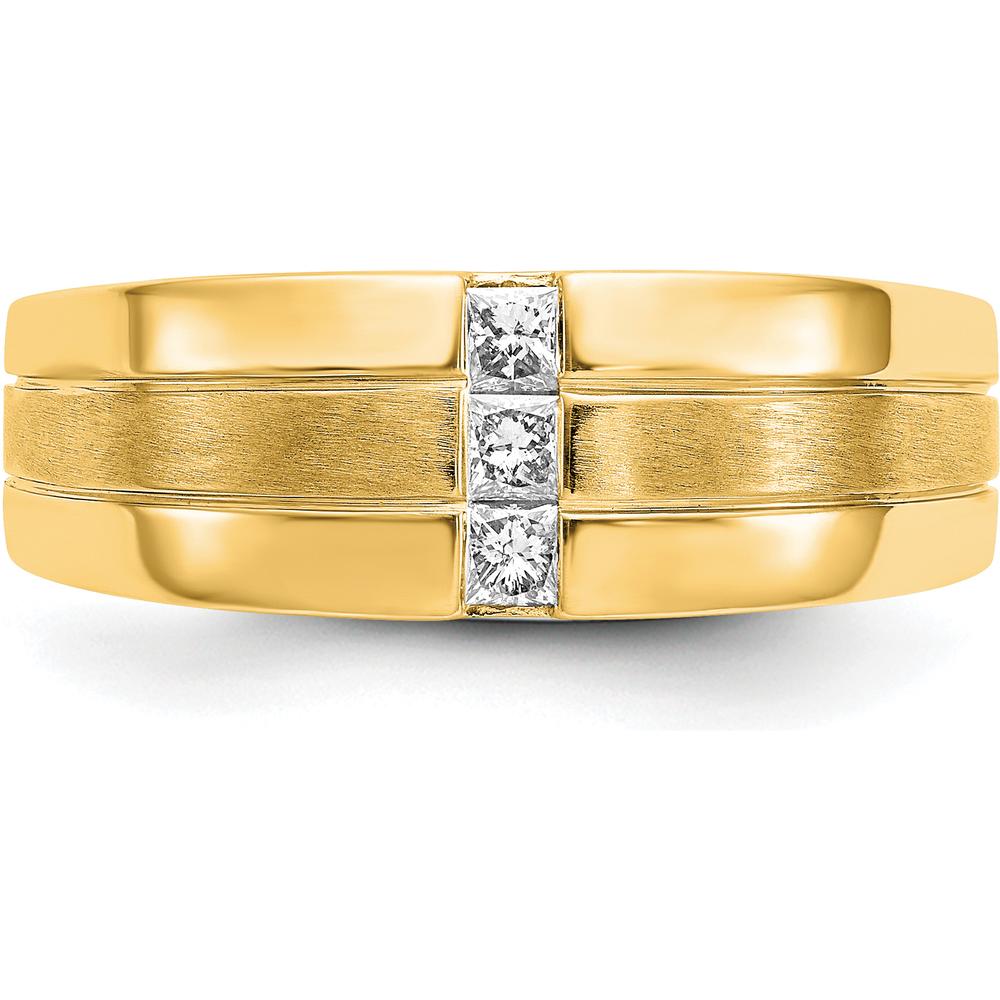 14K Yellow Gold Men's Polished and Satin Band Ring with 3 Square Cut Diamonds - 0.08 Carat Total Diamond Weight by 0