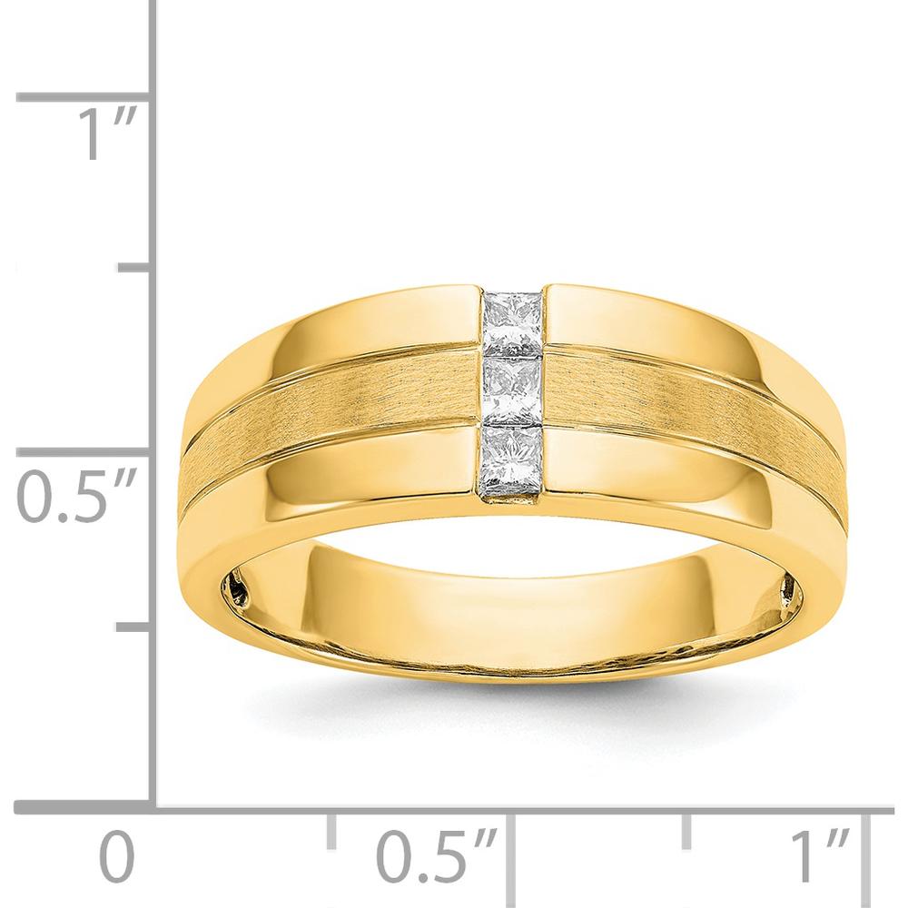 14K Yellow Gold Men's Polished and Satin Band Ring with 3 Square Cut Diamonds - 0.08 Carat Total Diamond Weight by 0