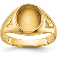 14K Yellow Gold Men's Polished and Textured Masonic Ring Mounting - 12.00 x 10.00 mm Oval Stone Size by IBGoodman
