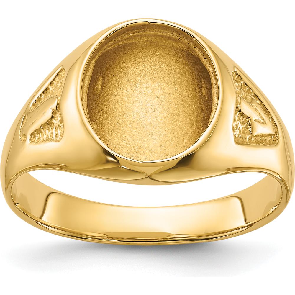 14K Yellow Gold Men's Polished and Textured Masonic Ring Mounting - 12.00 x 10.00 mm Oval Stone Size by IBGoodman