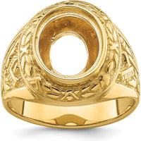 14K Yellow Gold Men's Polished and Textured Masonic Ring Mounting for 12x10mm Oval Center Stone by IBGoodman