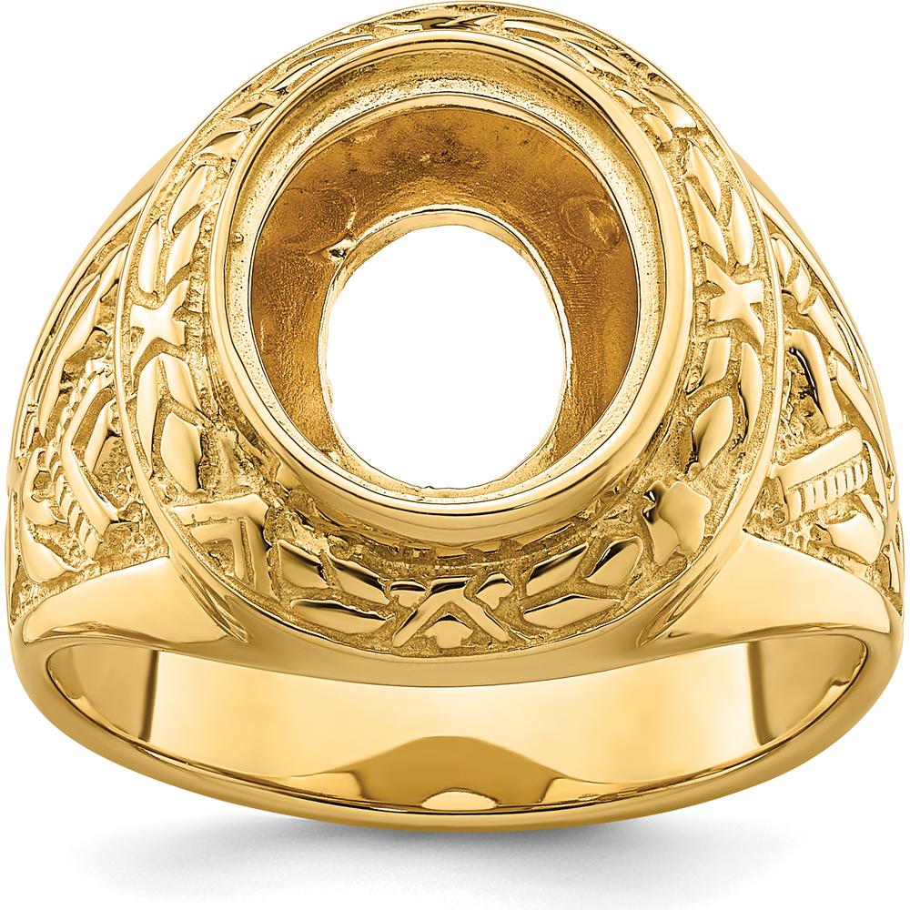 14K Yellow Gold Men's Polished and Textured Masonic Ring Mounting for 12x10mm Oval Center Stone by IBGoodman