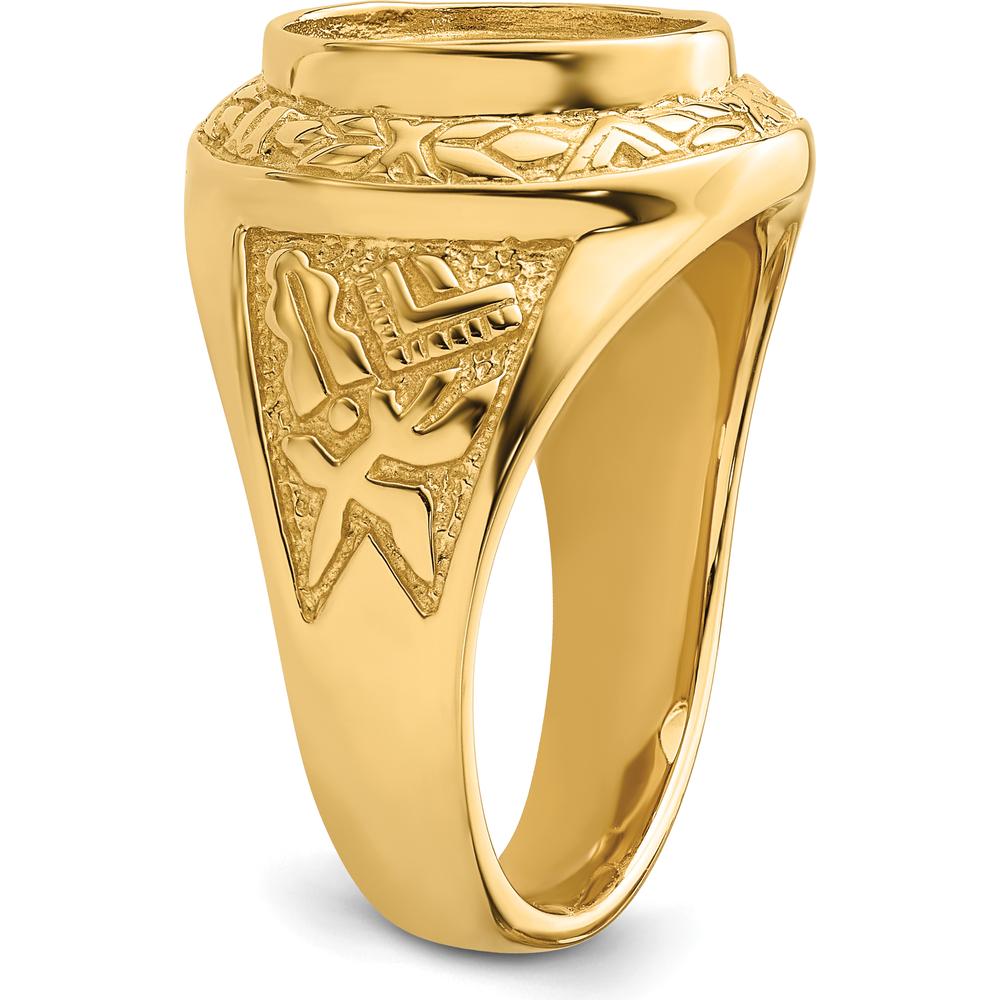14K Yellow Gold Men's Polished and Textured Masonic Ring Mounting for 12x10mm Oval Center Stone by IBGoodman