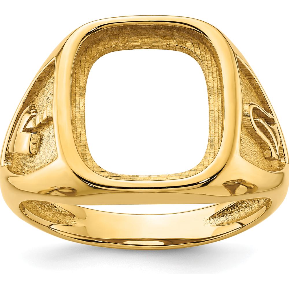 14K Yellow Gold Men's Polished and Textured Masonic Ring Mounting for 14x12mm Gemstone by Monteluci Fine Jewelry