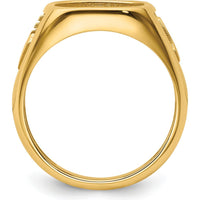 14K Yellow Gold Men's Polished and Textured Masonic Ring Mounting for 14x12mm Gemstone by Monteluci Fine Jewelry
