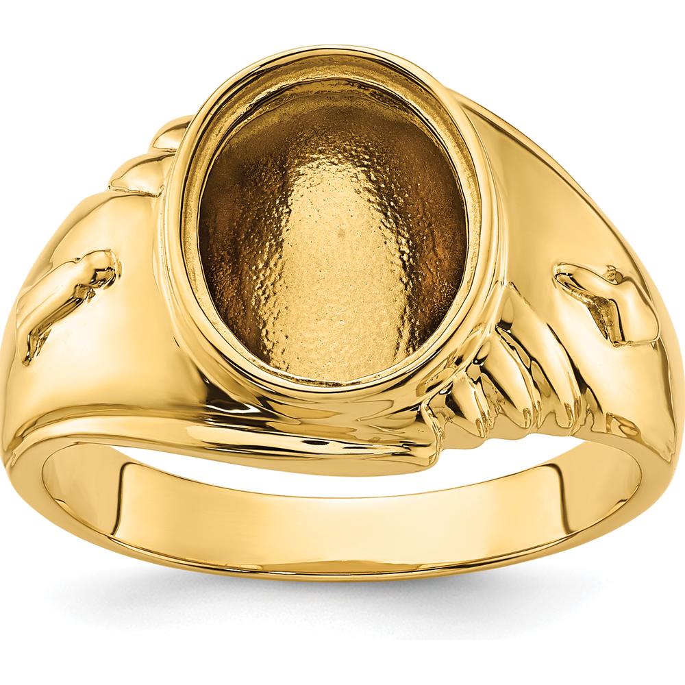 14K Yellow Gold Men's Polished and Textured Masonic Ring Mounting for Oval Stone - 12.00 x 10.00 mm by Monteluci Fine Jewelry