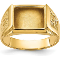 14K Yellow Gold Men's Polished and Textured Masonic Ring Mounting with Rectangular Stone Setting - Customizable Design by Monteluci Fine Jewelry