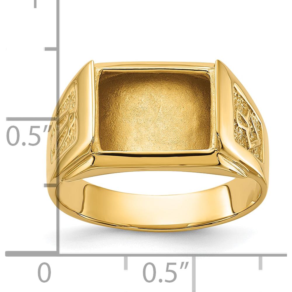 14K Yellow Gold Men's Polished and Textured Masonic Ring Mounting with Rectangular Stone Setting - Customizable Design by Monteluci Fine Jewelry