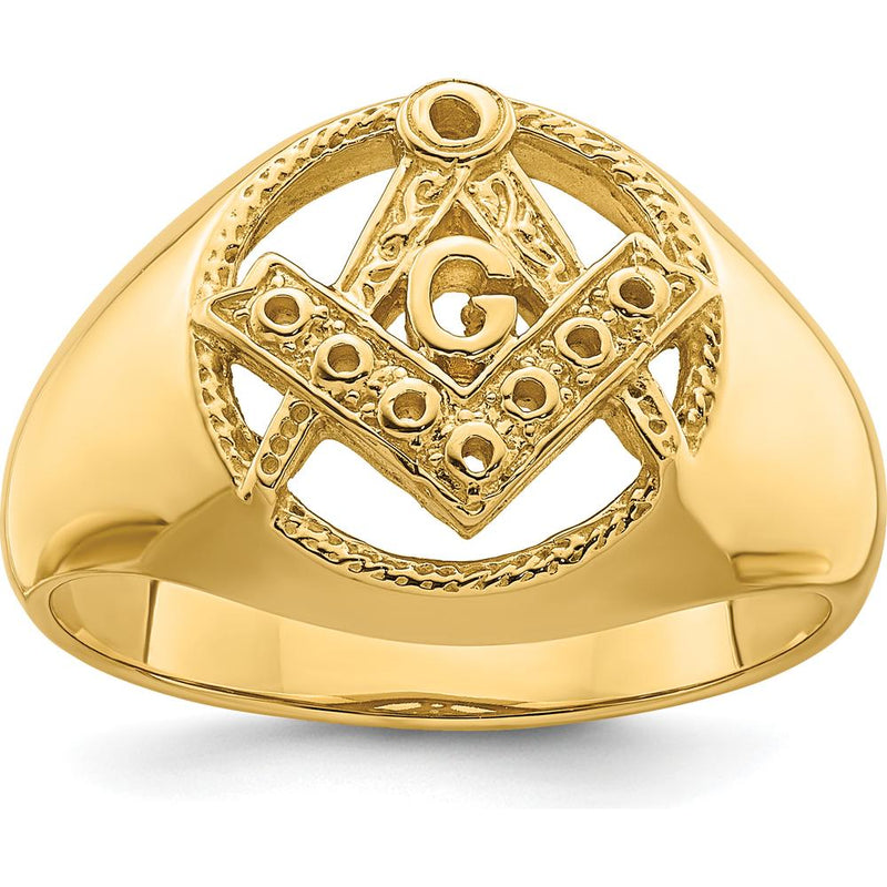 14K Yellow Gold Men's Polished and Textured Masonic Ring Mounting with Round Stone Settings - Customizable Design by IBGoodman
