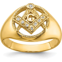 14K Yellow Gold Men's Polished and Textured Masonic Ring with 7 Round Diamonds - 0.05 Carat Total Diamond Weight by IBGoodman