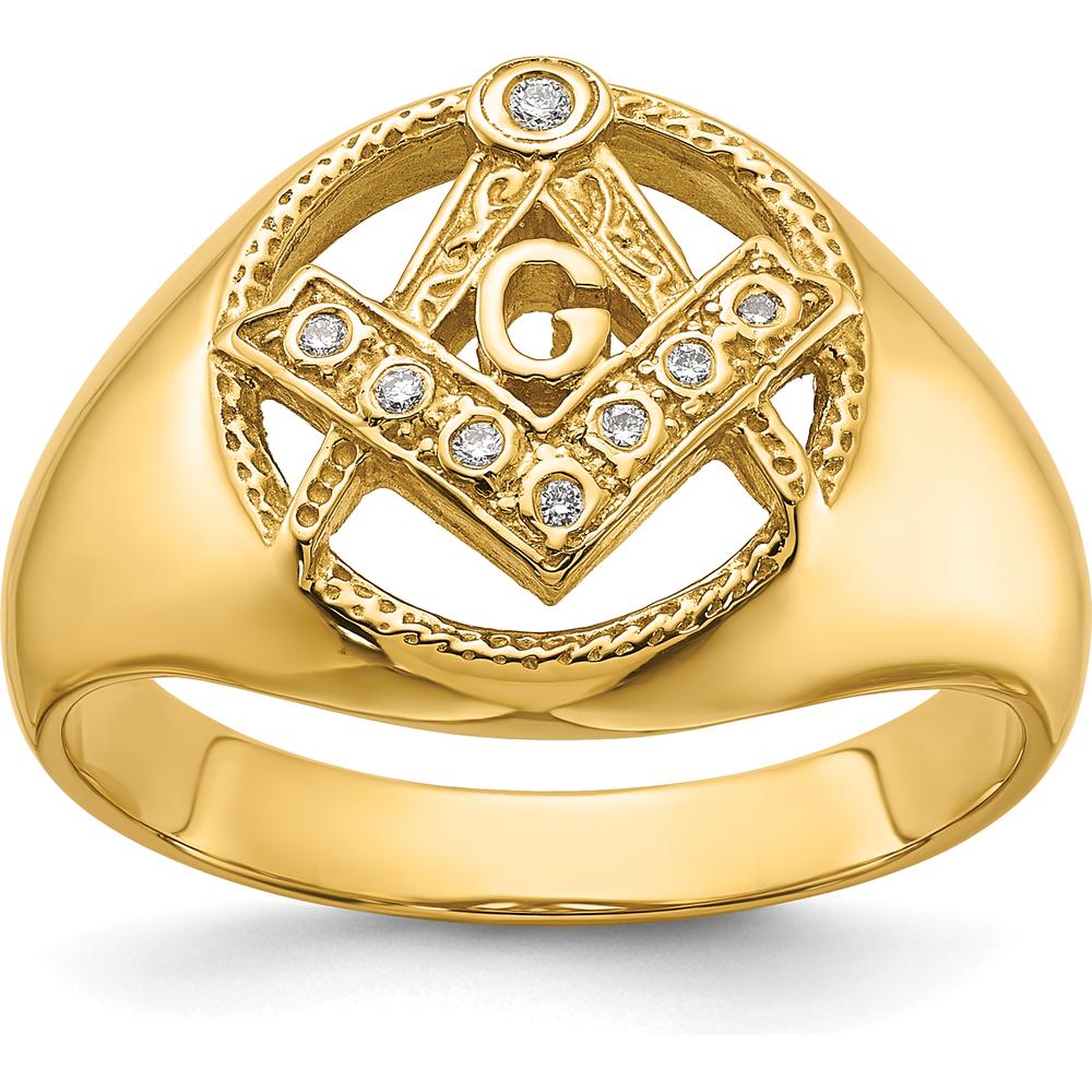 14K Yellow Gold Men's Polished and Textured Masonic Ring with 7 Round Diamonds - 0.05 Carat Total Diamond Weight by IBGoodman