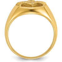 14K Yellow Gold Men's Polished and Textured Masonic Ring with 7 Round Diamonds - 0.05 Carat Total Diamond Weight by IBGoodman