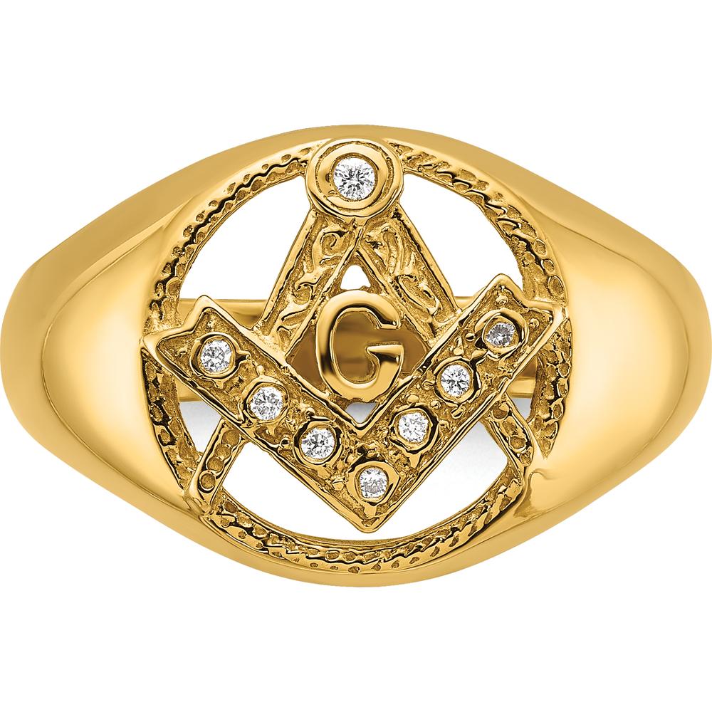 14K Yellow Gold Men's Polished and Textured Masonic Ring with 7 Round Diamonds - 0.05 Carat Total Diamond Weight by IBGoodman