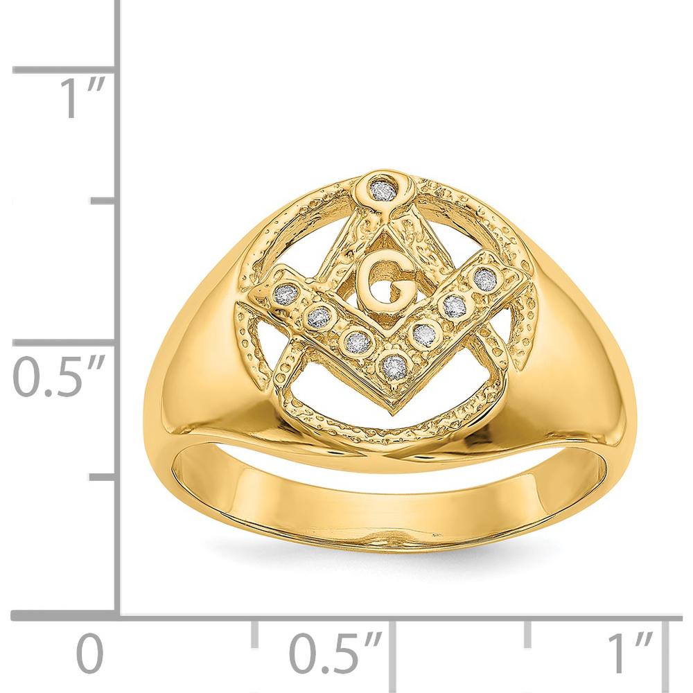 14K Yellow Gold Men's Polished and Textured Masonic Ring with 7 Round Diamonds - 0.05 Carat Total Diamond Weight by IBGoodman