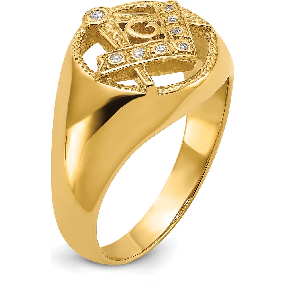 14K Yellow Gold Men's Polished and Textured Masonic Ring with 7 Round Diamonds - 0.05 Carat Total Diamond Weight by IBGoodman