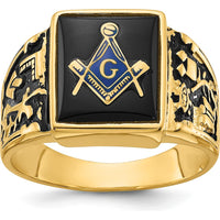 14K Yellow Gold Men's Polished and Textured Masonic Ring with Black Enamel and Cushion Cut Onyx - 12x10mm by IBGoodman
