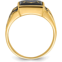 14K Yellow Gold Men's Polished and Textured Masonic Ring with Black Enamel and Cushion Cut Onyx - 12x10mm by IBGoodman