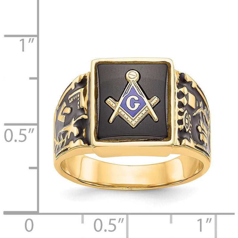 14K Yellow Gold Men's Polished and Textured Masonic Ring with Black Enamel and Cushion Cut Onyx - 12x10mm by IBGoodman