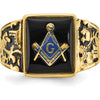 14K Yellow Gold Men's Polished and Textured Masonic Ring with Black Enamel and Cushion Cut Onyx - 12x10mm by IBGoodman