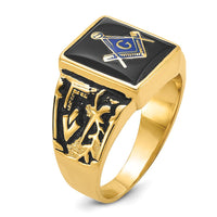 14K Yellow Gold Men's Polished and Textured Masonic Ring with Black Enamel and Cushion Cut Onyx - 12x10mm by IBGoodman