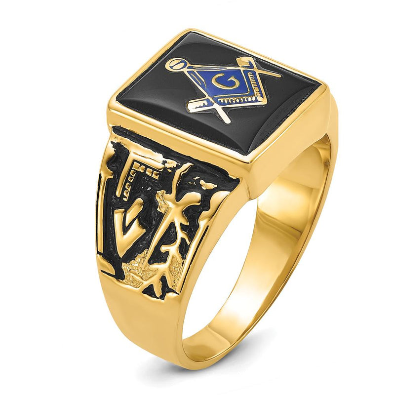 14K Yellow Gold Men's Polished and Textured Masonic Ring with Black Enamel and Cushion Cut Onyx - 12x10mm by IBGoodman