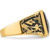 14K Yellow Gold Men's Polished and Textured Masonic Ring with Black Enamel and Cushion Cut Onyx - 12x10mm by IBGoodman