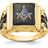 14K Yellow Gold Men's Polished and Textured Masonic Ring with Cushion Cut Black Onyx and Black Enamel Accents by Monteluci Fine Jewelry