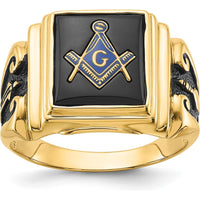 14K Yellow Gold Men's Polished and Textured Masonic Ring with Cushion Cut Black Onyx and Black Enamel Accents by Monteluci Fine Jewelry