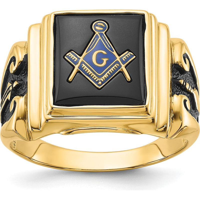 14K Yellow Gold Men's Polished and Textured Masonic Ring with Cushion Cut Black Onyx and Black Enamel Accents by Monteluci Fine Jewelry