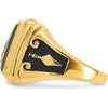 14K Yellow Gold Men's Polished and Textured Masonic Ring with Cushion Cut Black Onyx and Black Enamel Accents by Monteluci Fine Jewelry