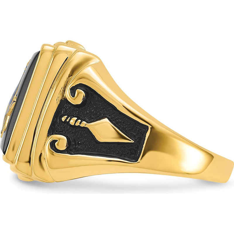 14K Yellow Gold Men's Polished and Textured Masonic Ring with Cushion Cut Black Onyx and Black Enamel Accents by Monteluci Fine Jewelry