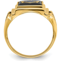 14K Yellow Gold Men's Polished and Textured Masonic Ring with Cushion Cut Black Onyx and Black Enamel Accents by Monteluci Fine Jewelry