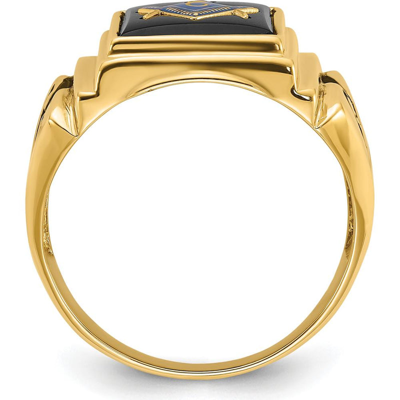 14K Yellow Gold Men's Polished and Textured Masonic Ring with Cushion Cut Black Onyx and Black Enamel Accents by Monteluci Fine Jewelry