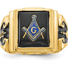 14K Yellow Gold Men's Polished and Textured Masonic Ring with Cushion Cut Black Onyx and Black Enamel Accents by Monteluci Fine Jewelry