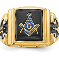 14K Yellow Gold Men's Polished and Textured Masonic Ring with Cushion Cut Black Onyx and Black Enamel Accents by Monteluci Fine Jewelry