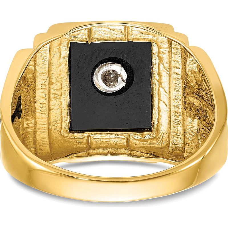 14K Yellow Gold Men's Polished and Textured Masonic Ring with Cushion Cut Black Onyx and Black Enamel Accents by Monteluci Fine Jewelry