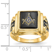 14K Yellow Gold Men's Polished and Textured Masonic Ring with Cushion Cut Black Onyx and Black Enamel Accents by Monteluci Fine Jewelry