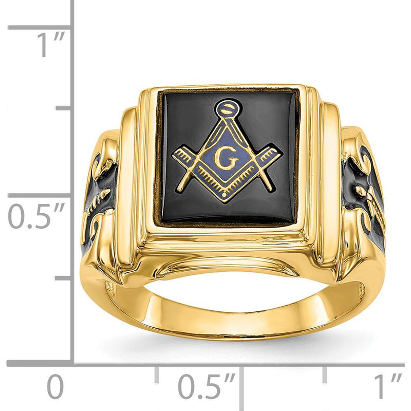 14K Yellow Gold Men's Polished and Textured Masonic Ring with Cushion Cut Black Onyx and Black Enamel Accents by Monteluci Fine Jewelry