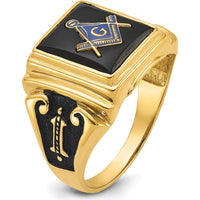 14K Yellow Gold Men's Polished and Textured Masonic Ring with Cushion Cut Black Onyx and Black Enamel Accents by Monteluci Fine Jewelry